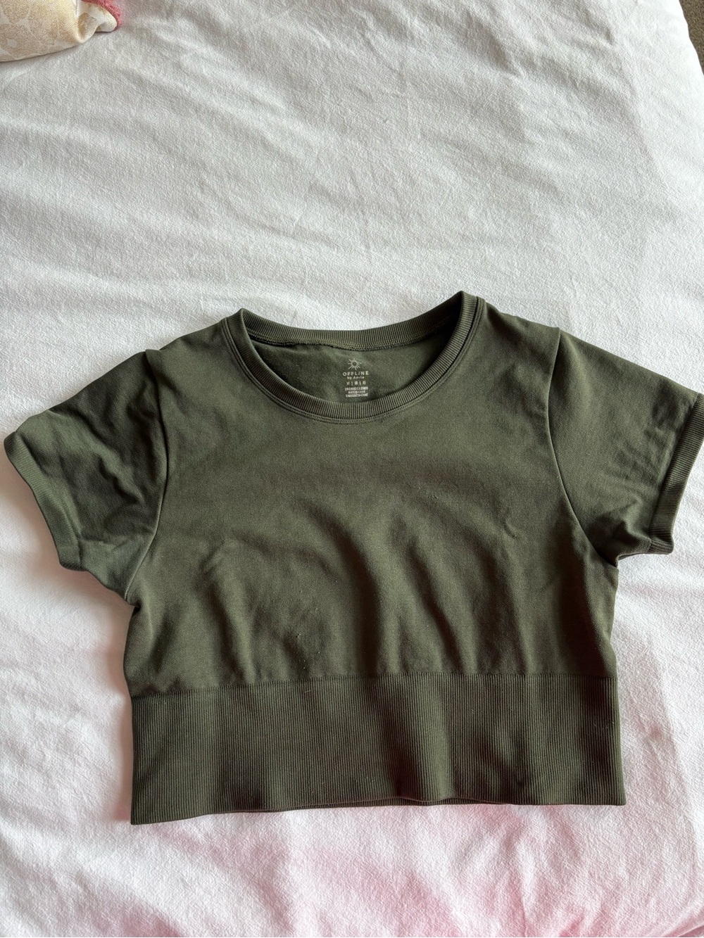 Aerie Olive Green Cropped Rib-Hem Tee, Size Medium